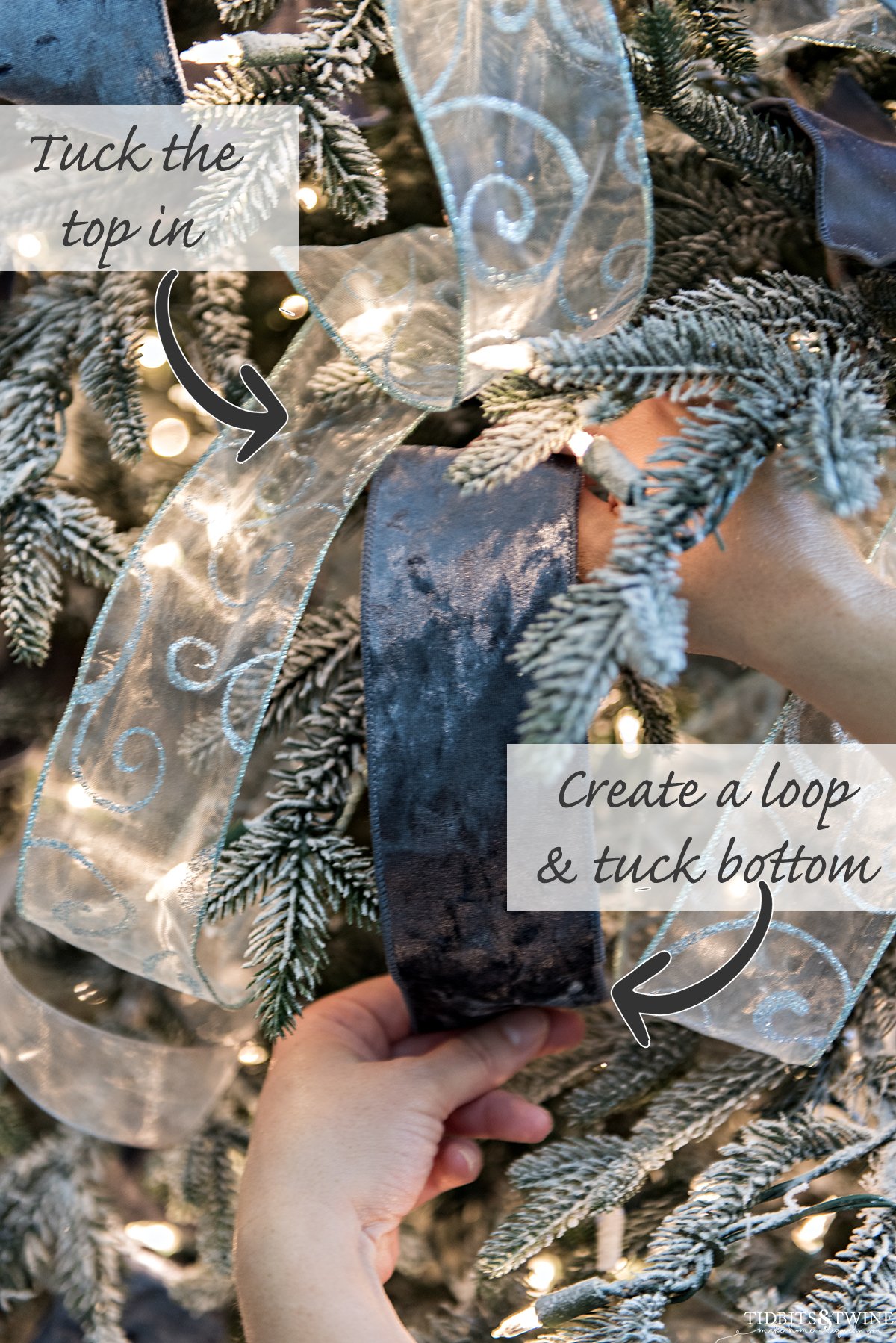 closeup with hands showing how to attach ribbon to tree to create ribbon loops to fill a gap