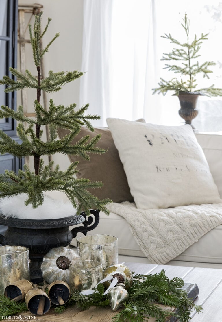 neutral family room with french urn holding small tree on coffee table with ornaments and bells at base