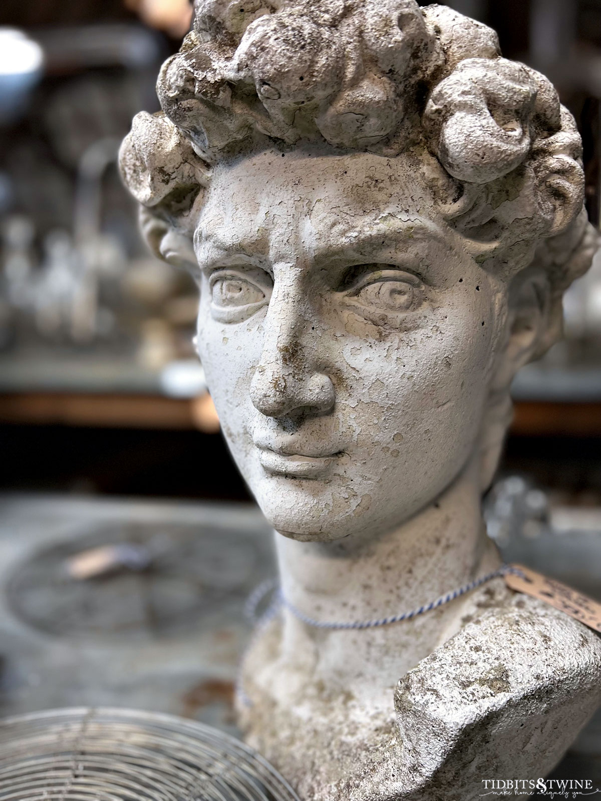 closeup of antique greek bust made of cement and painted white