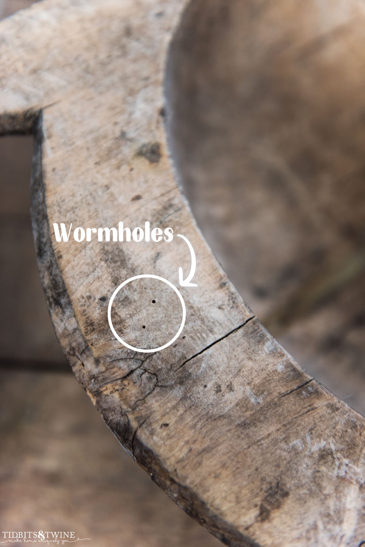 closeup of wormholes in an antique dough bowl