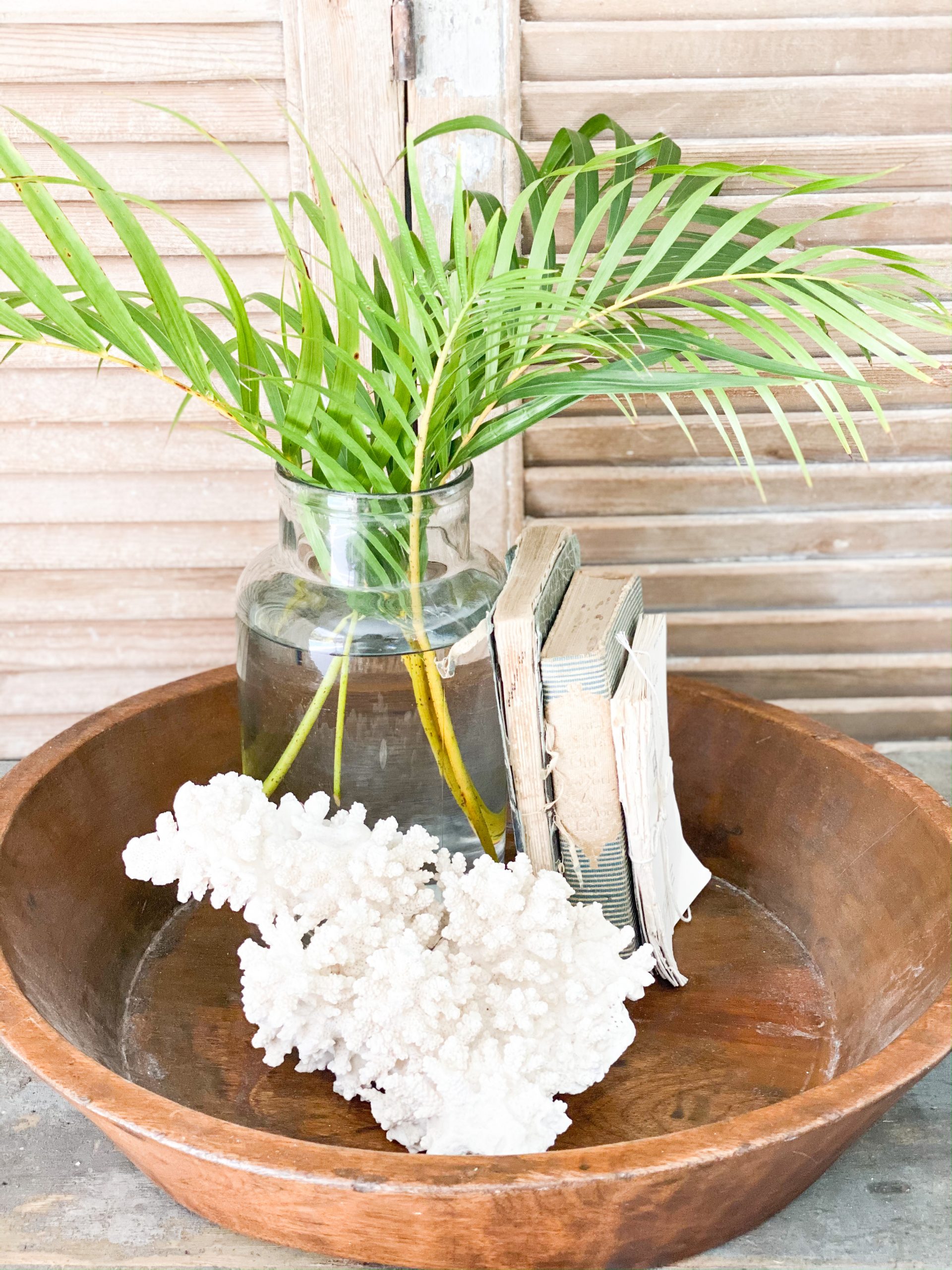 vignette in a dough bowl with palm leaves old books and coral