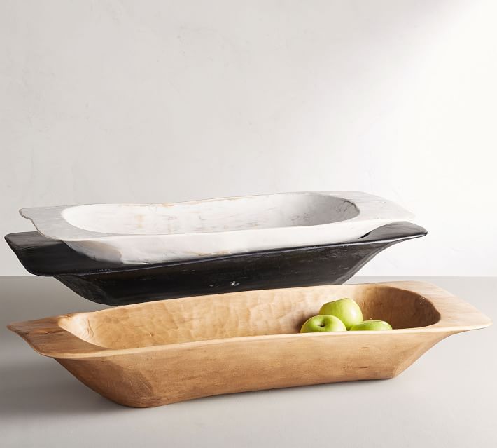 three reproduction dough bowls in brown white and black