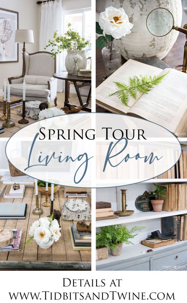 collage of four spring living room images with text overlay reading spring tour living room