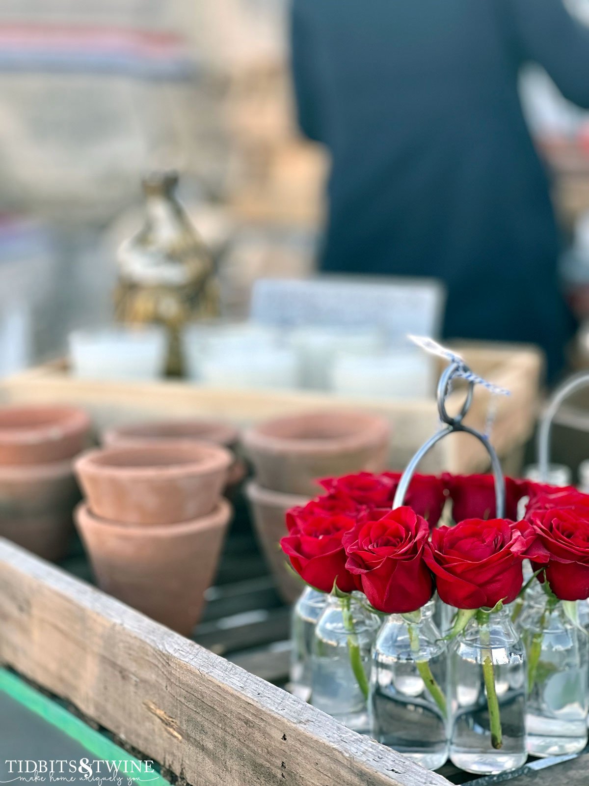 clear glass bottles with red roses next to small terracotta pots at antique fair