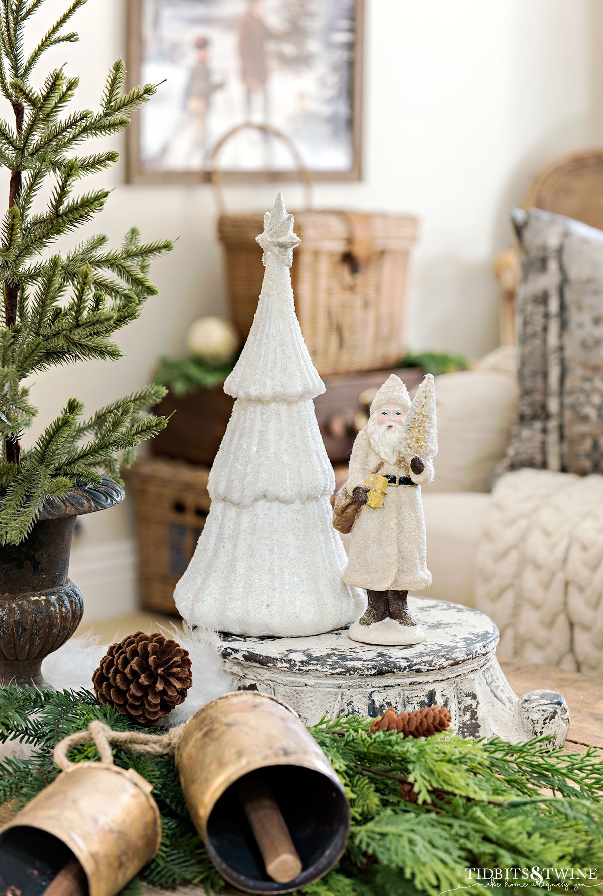 christmas coffee table vignette with neutral french christmas decor