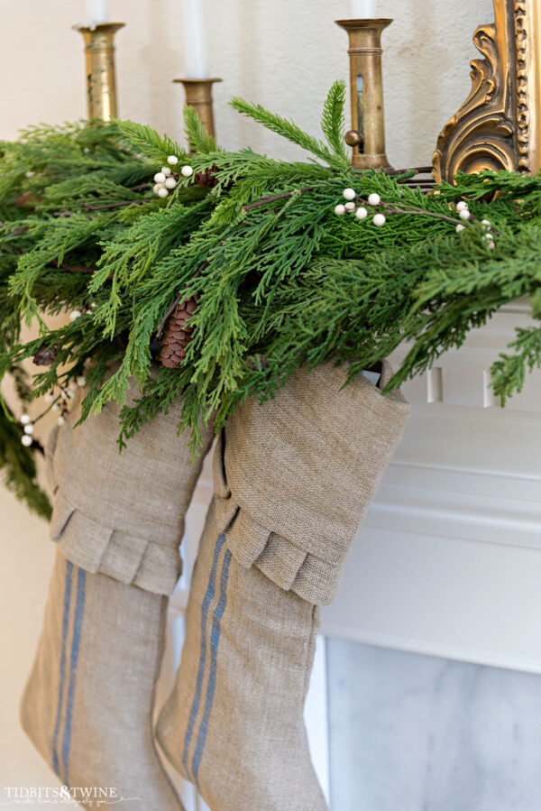 Green and White French Christmas Living Room - Tidbits&Twine