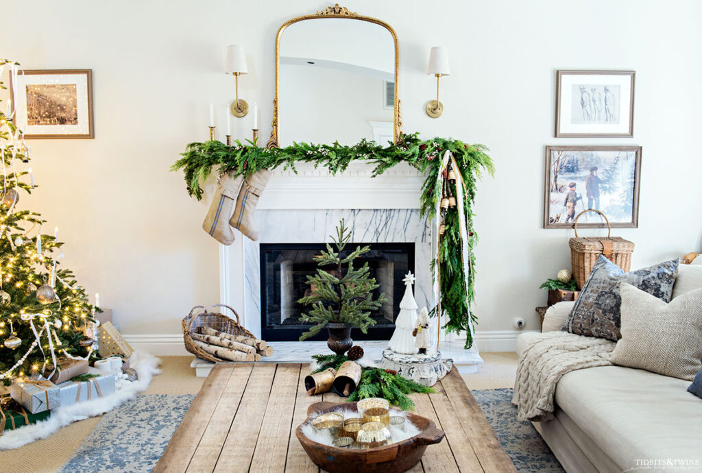 Green and White French Christmas Living Room - Tidbits&Twine
