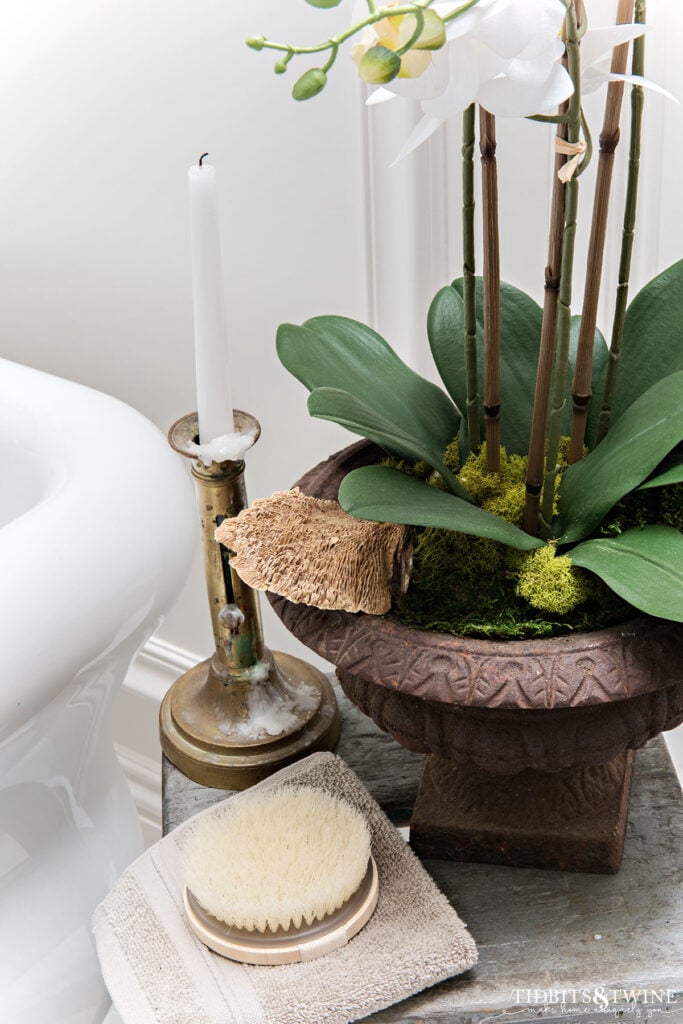Bathroom side table vignette featuring a potted orchid, brass candlestick with white taper candle, and folded towel topped with a natural bath brush, arranged using the rule of odds interior design