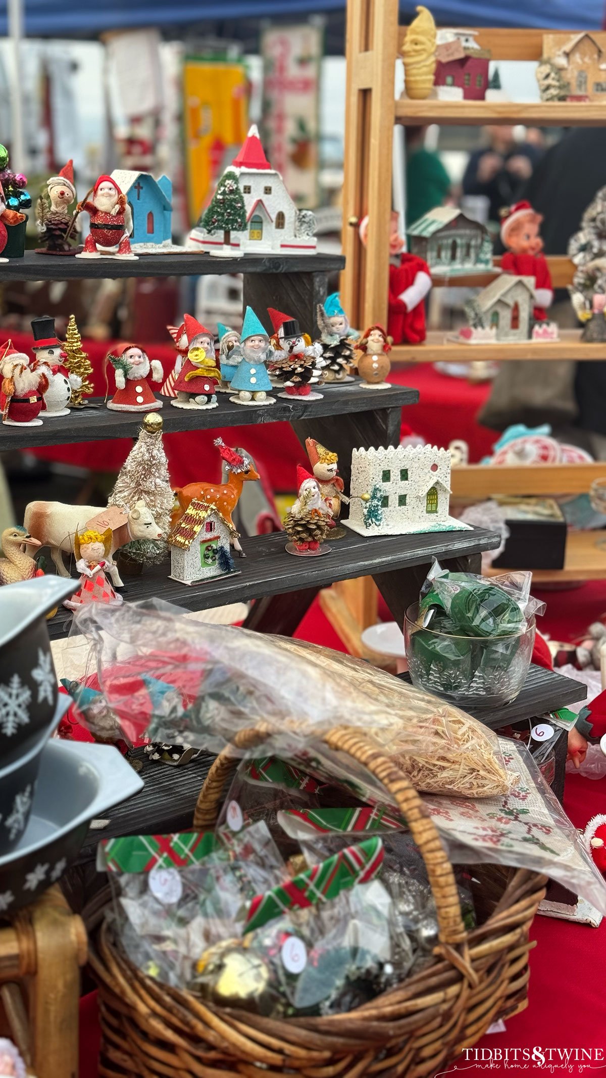 Antique Christmas decor on display at an antique fair