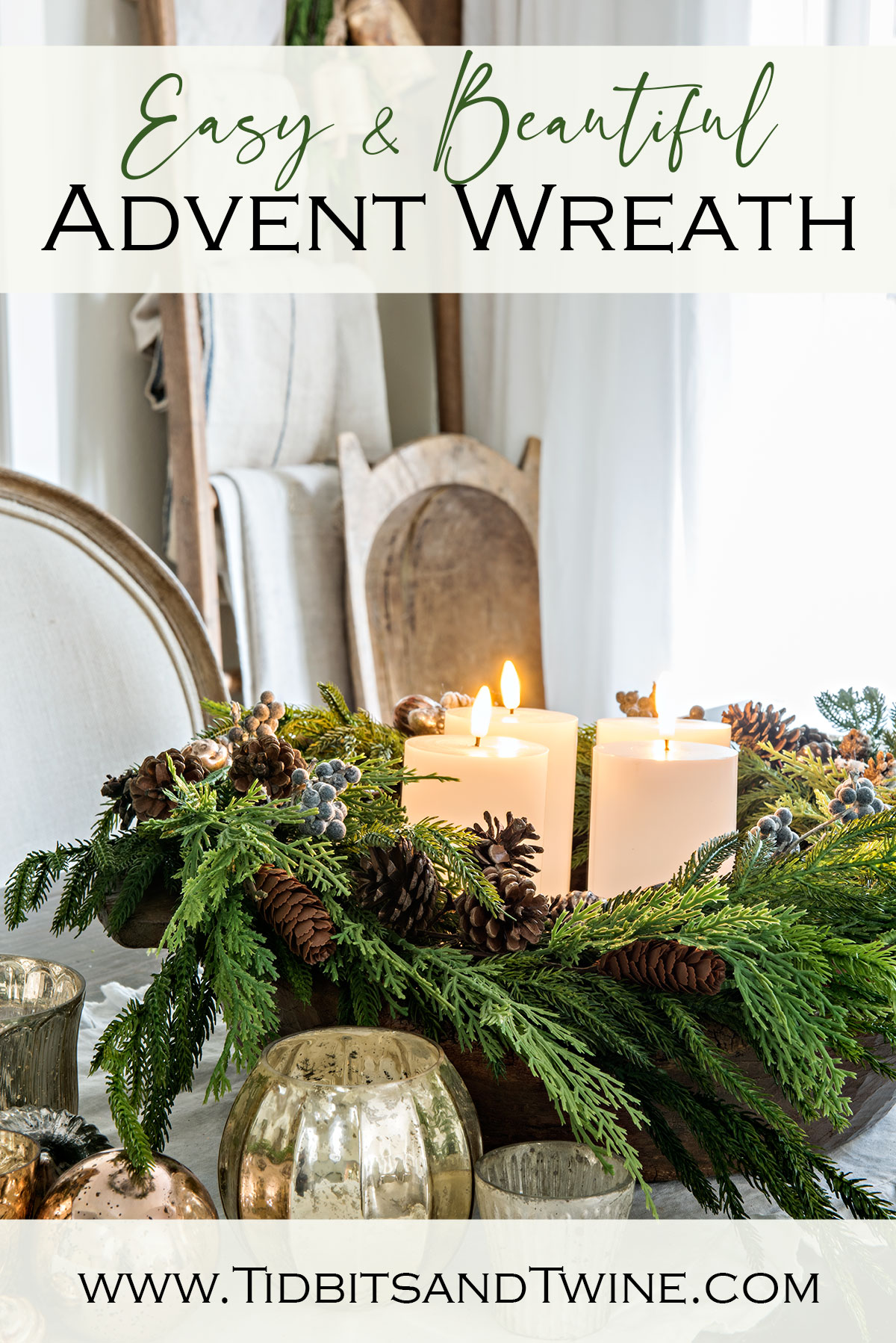 pinterest image for an easy and beautiful advent wreath with image of diy advent wreath on dining table