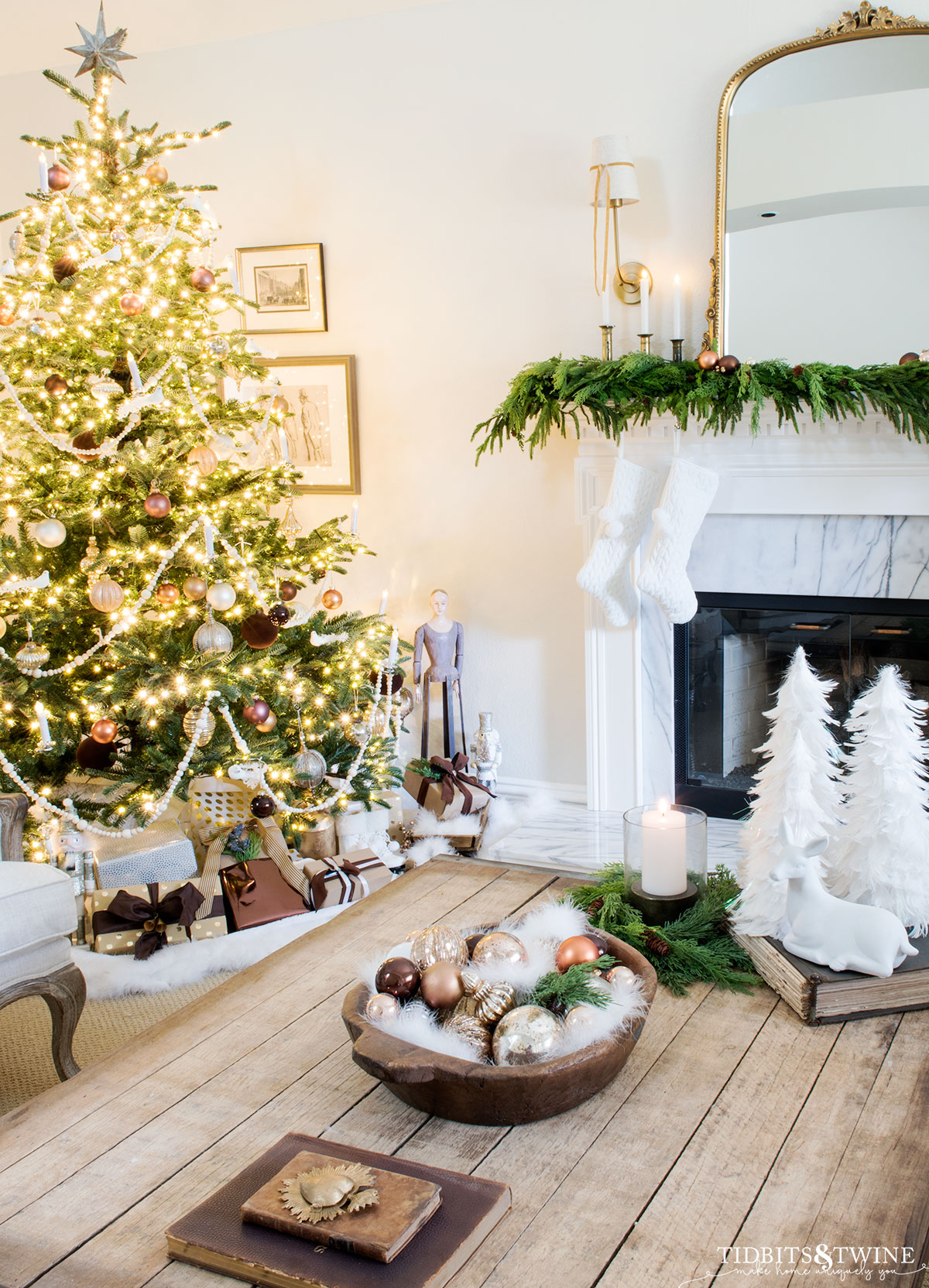 french christmas living room with neutral christmas decor