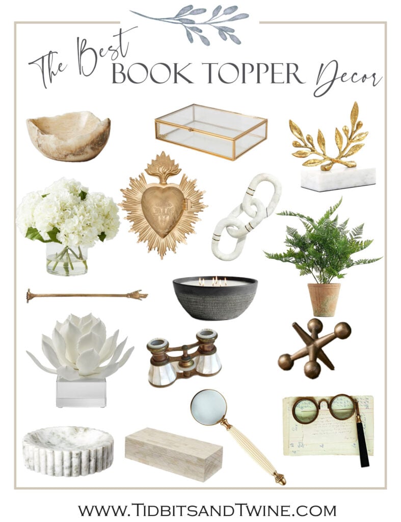 collage of decor that can be used as book toppers