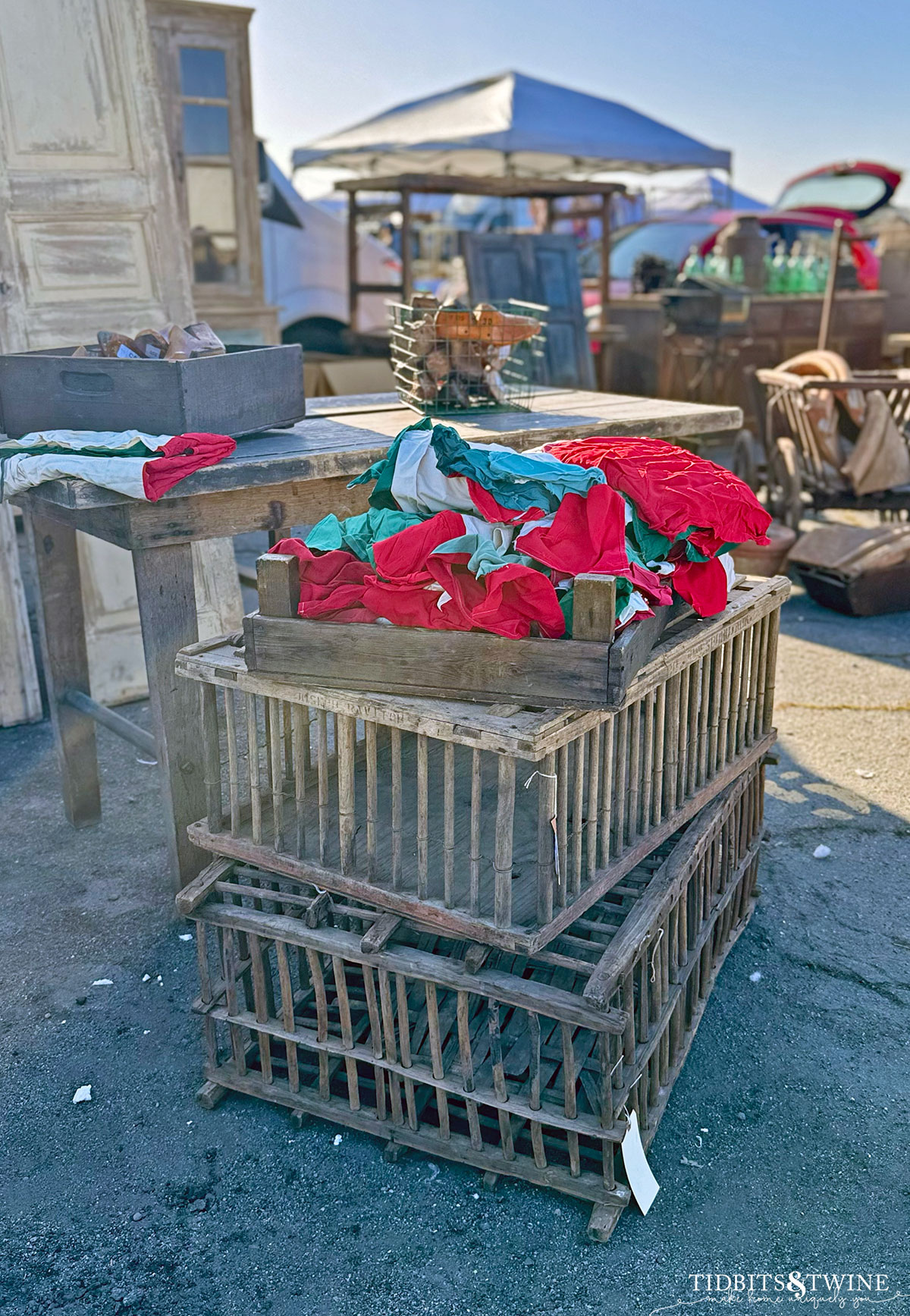 antique chicken crates on display at antique fair