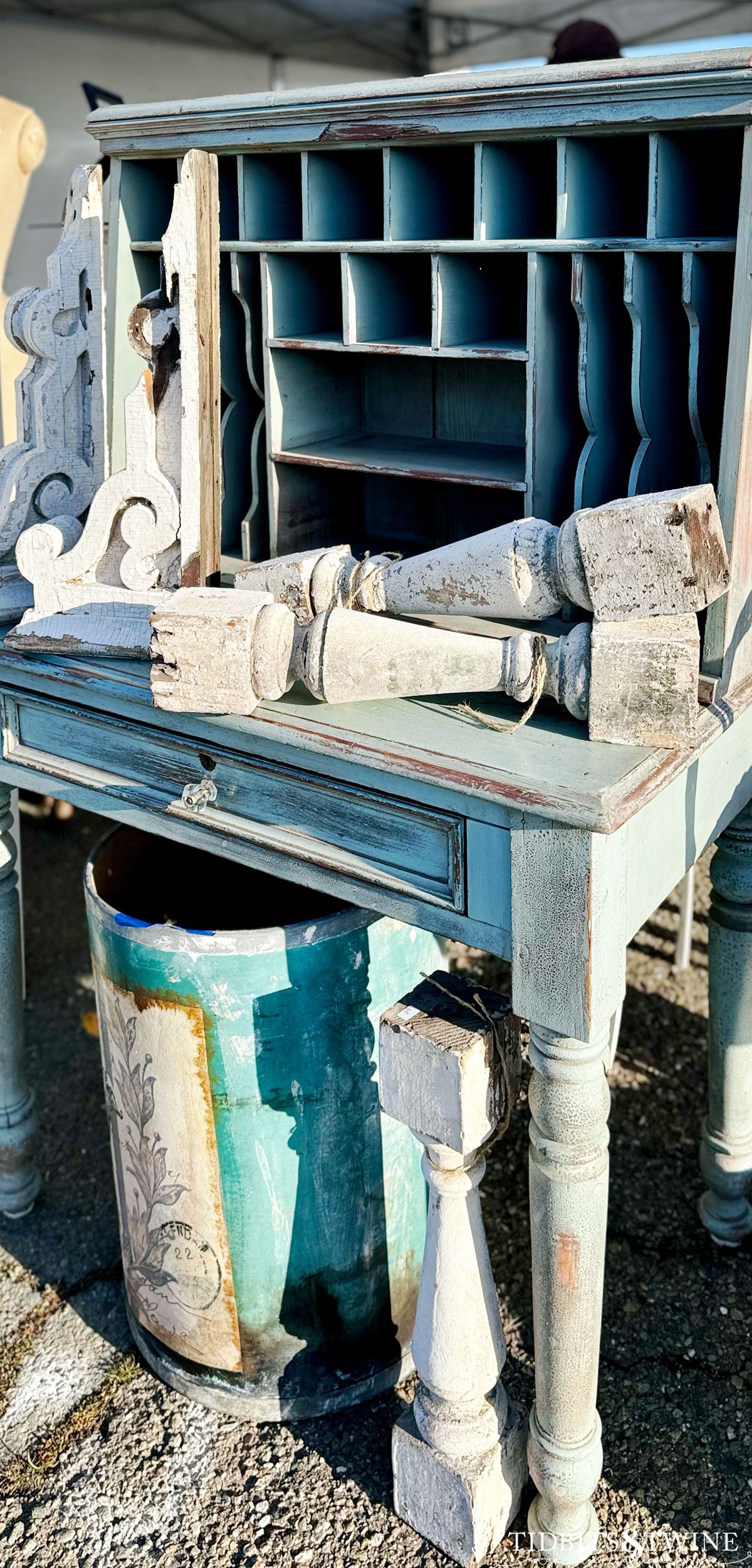 vintage blue desk with white corbels and posts on top for sale