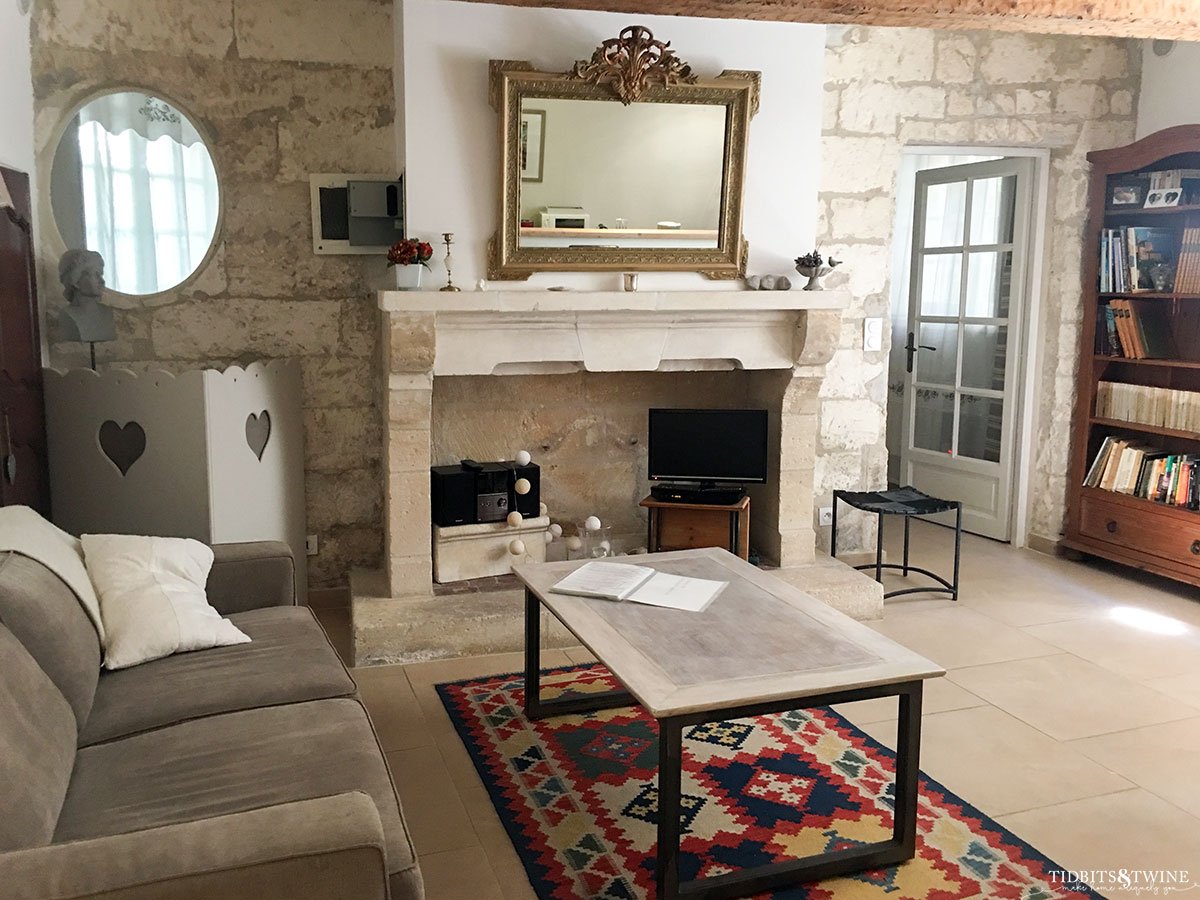 apartment in Avignon France with ornate fireplace in sitting room