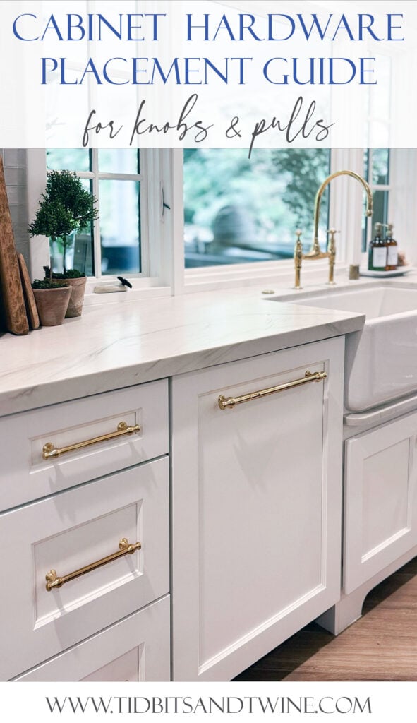 white kitchen cabinets with unlacquered brass pulls with text overlay for hardware placement guide