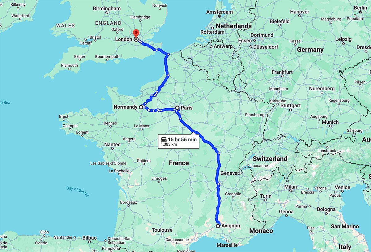 map of france with travel line from avignon to london