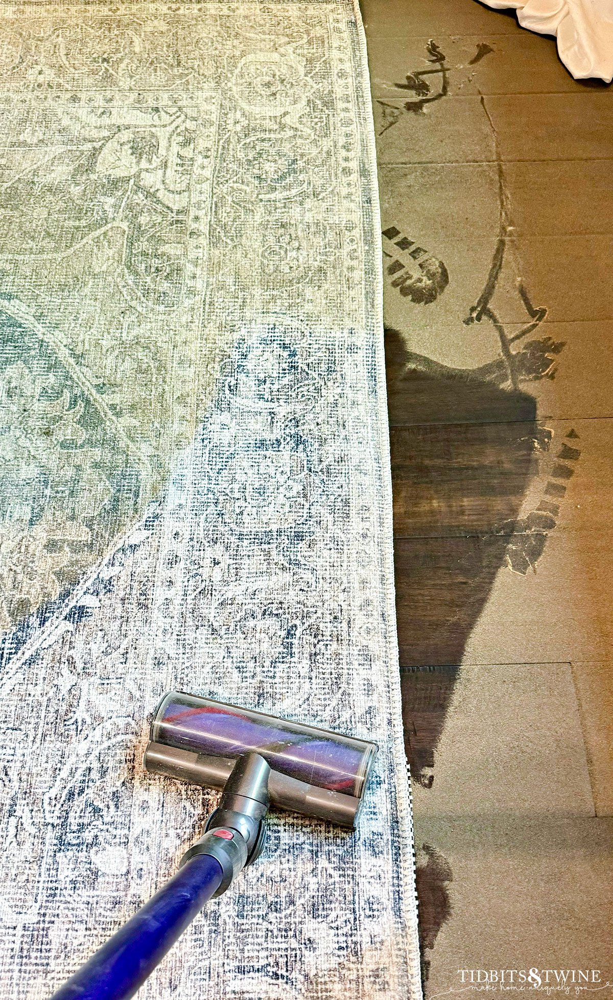 dust covering hardwood floor and rug with one clean area from vacuum