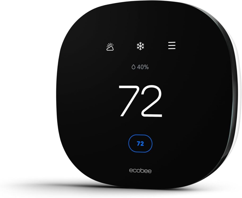 closeup of ecobee thermostat black square with digital temperature reading