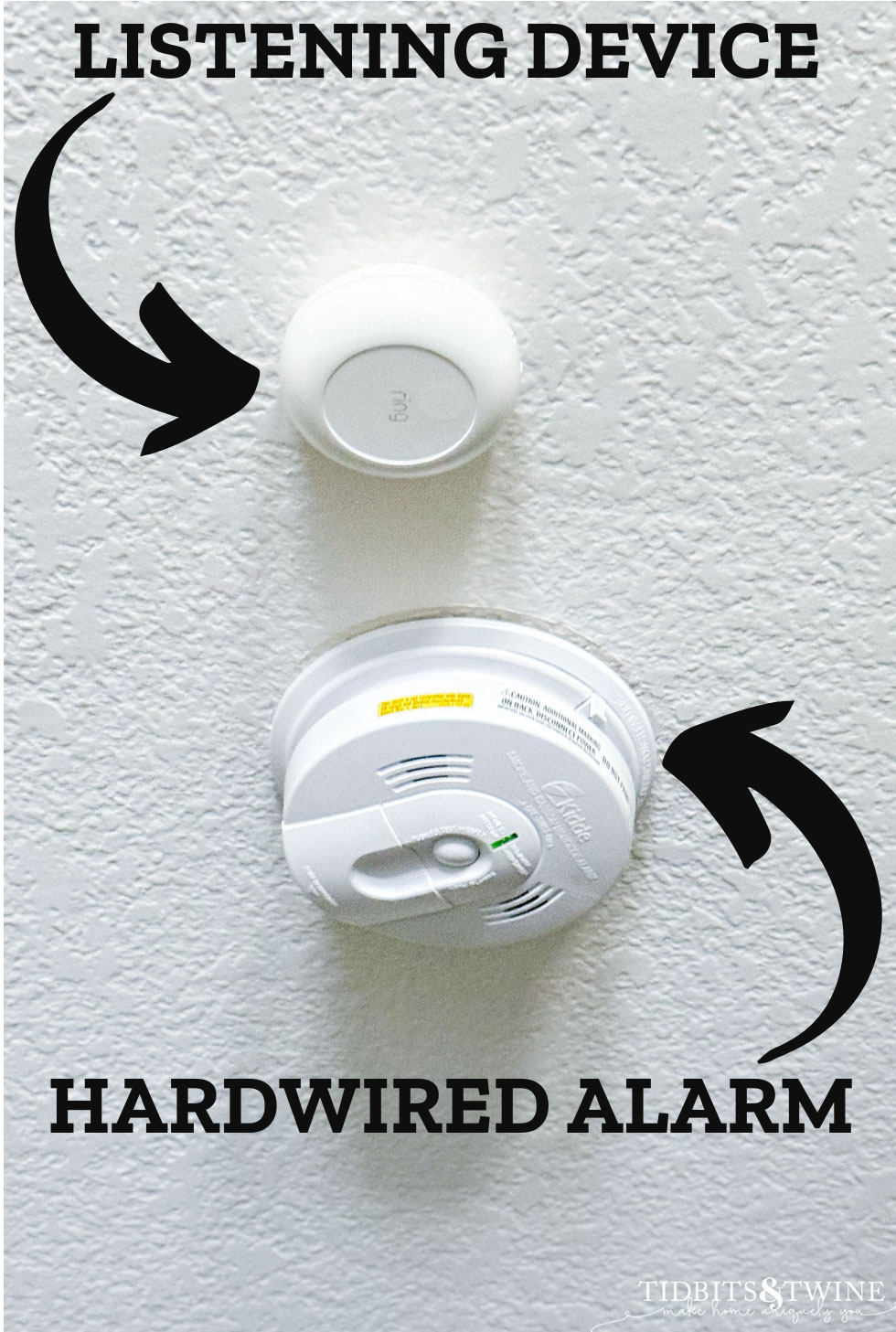ceiling closeup showing hardwired smoke detector with ring listening device next to it