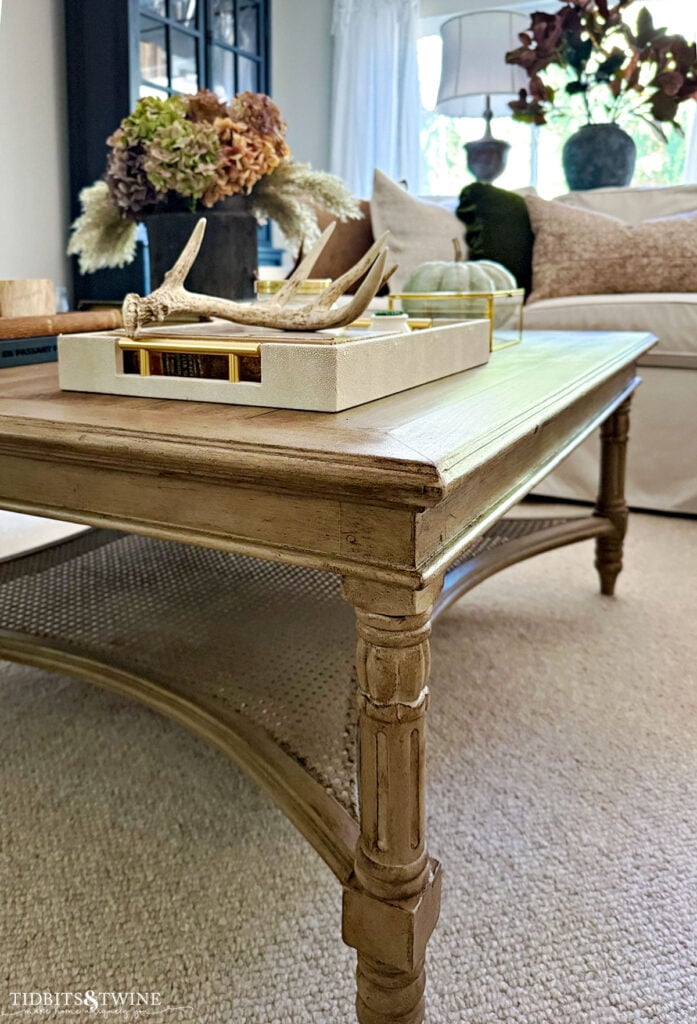 chalk painted traditional coffee table styled for fall