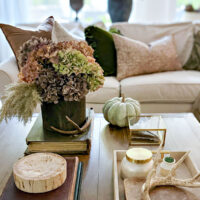 fall decorated coffee table in front of sofa with throw pillows