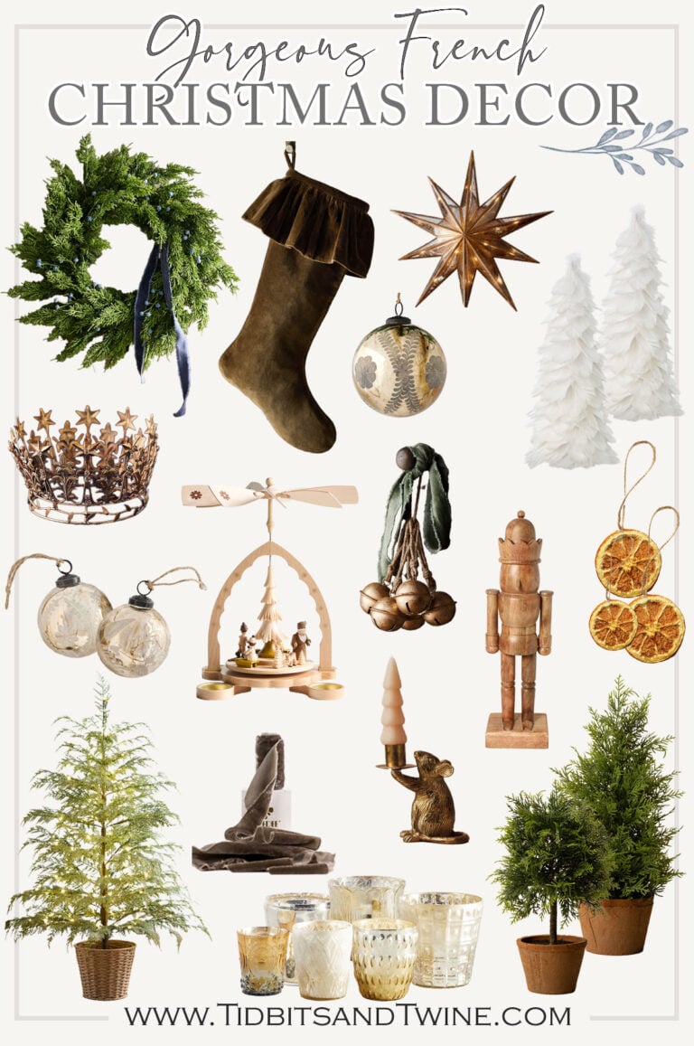 European and French Christmas decor shopping guide image with pictures of neutral French Christmas decor