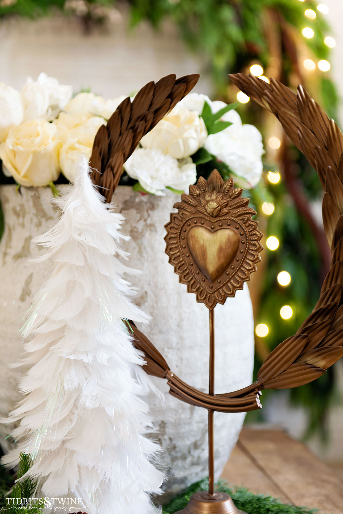 Brass sacred heart and laurel wreath on a stand - French inspired Christmas vignette