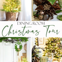 collage of Christmas dining room pictures of an elegant dining room Christmas table in greens and browns