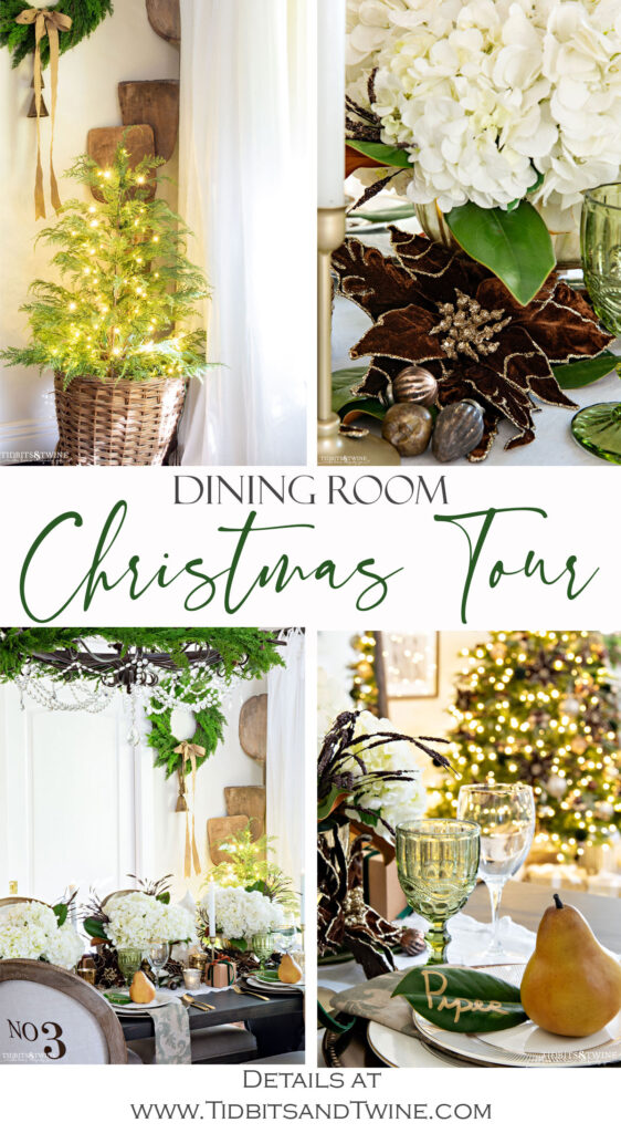 collage of Christmas dining room pictures of an elegant dining room Christmas table in greens and browns