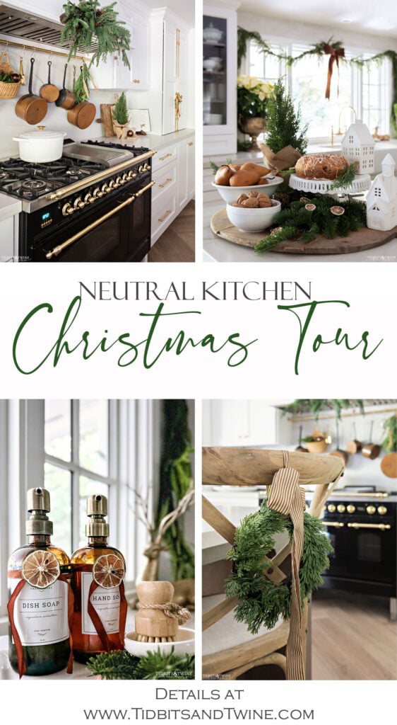image collage of a Christmas kitchen in white brown and green