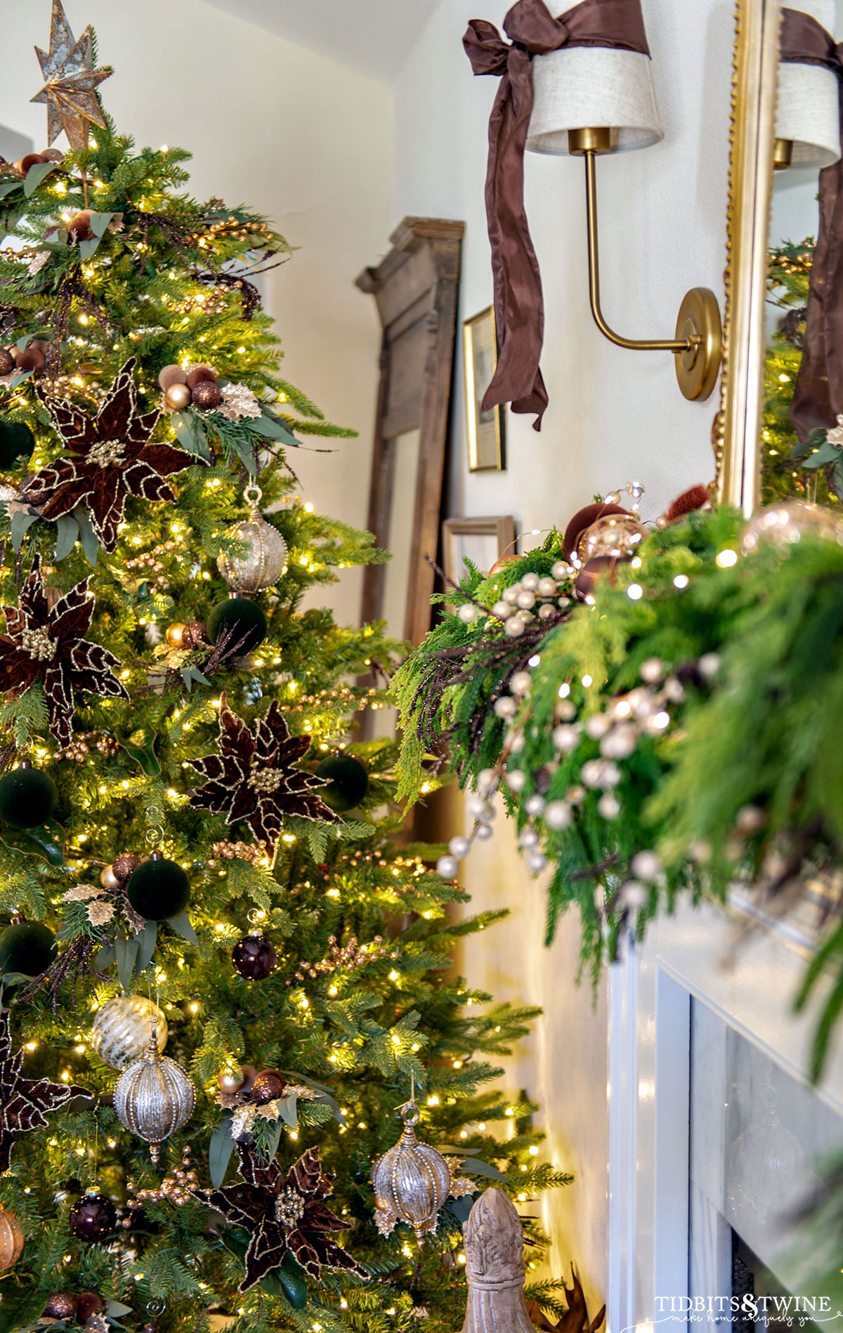 French inspired Christmas decorating idea for brown and gold tree and holiday garland