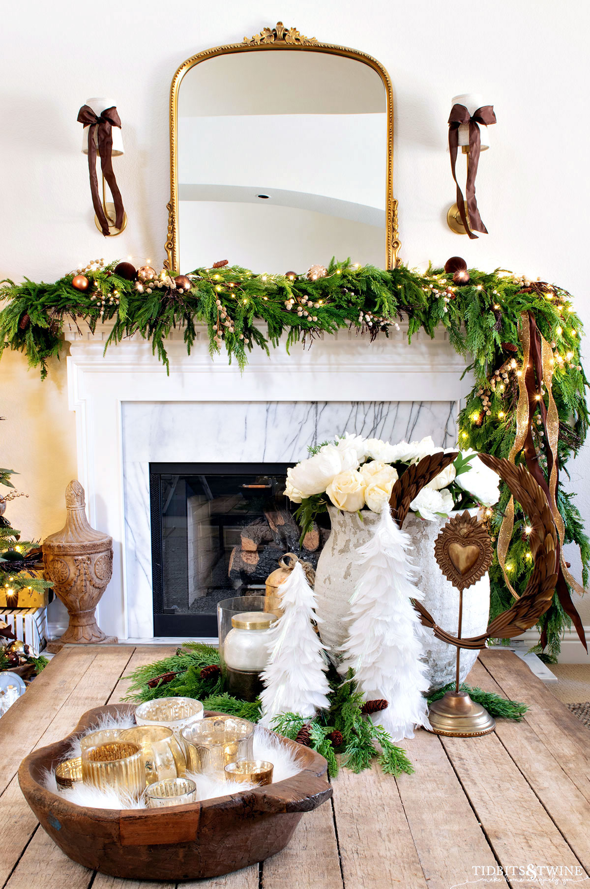 industrial coffee table in front of fireplace decorated for Christmas with french inspired decor
