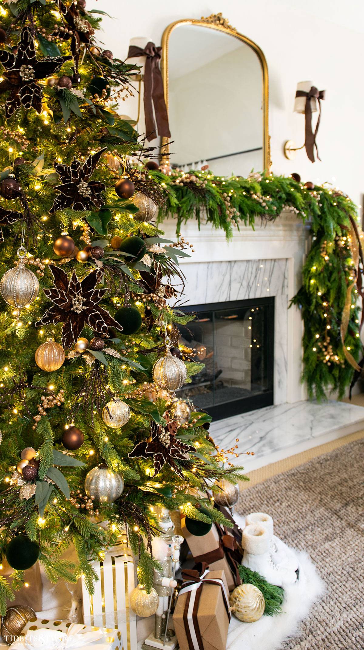 french inspired christmas living room with brown and gold tree near fireplace