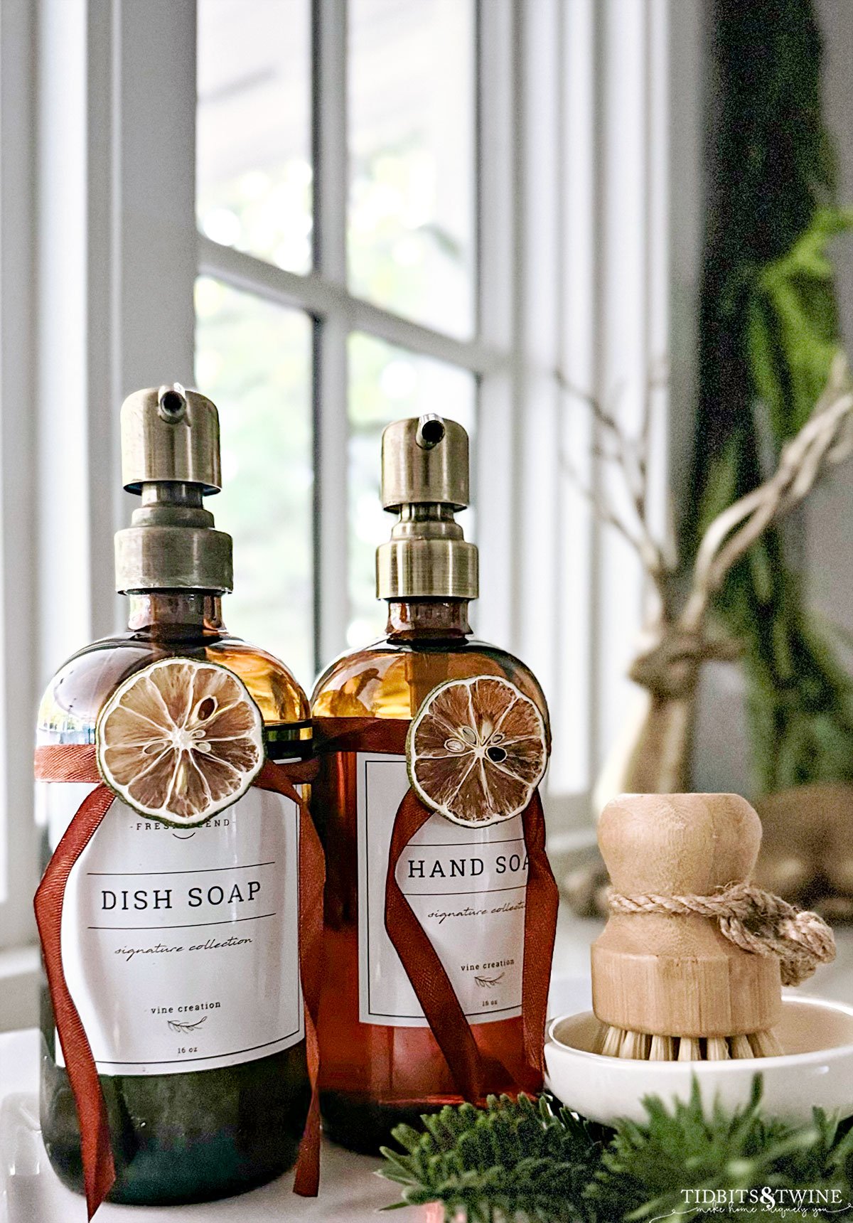 kitchen soap dispensers styled for Christmas