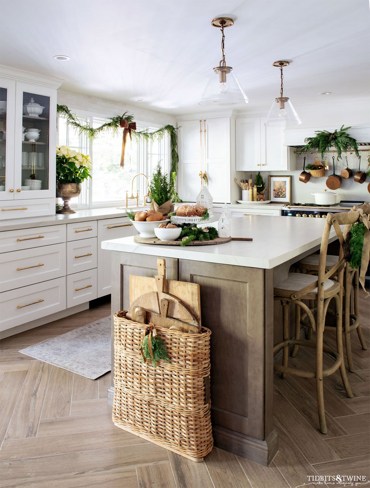 Kitchen decorating ideas for Christmas with greenery for a simple French-inspired Christmas kitchen