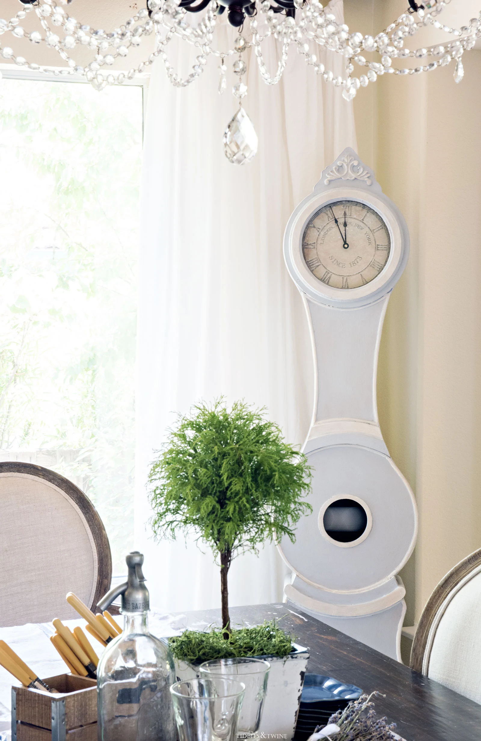 Reproduction Mora clock in dining room with vintage styling