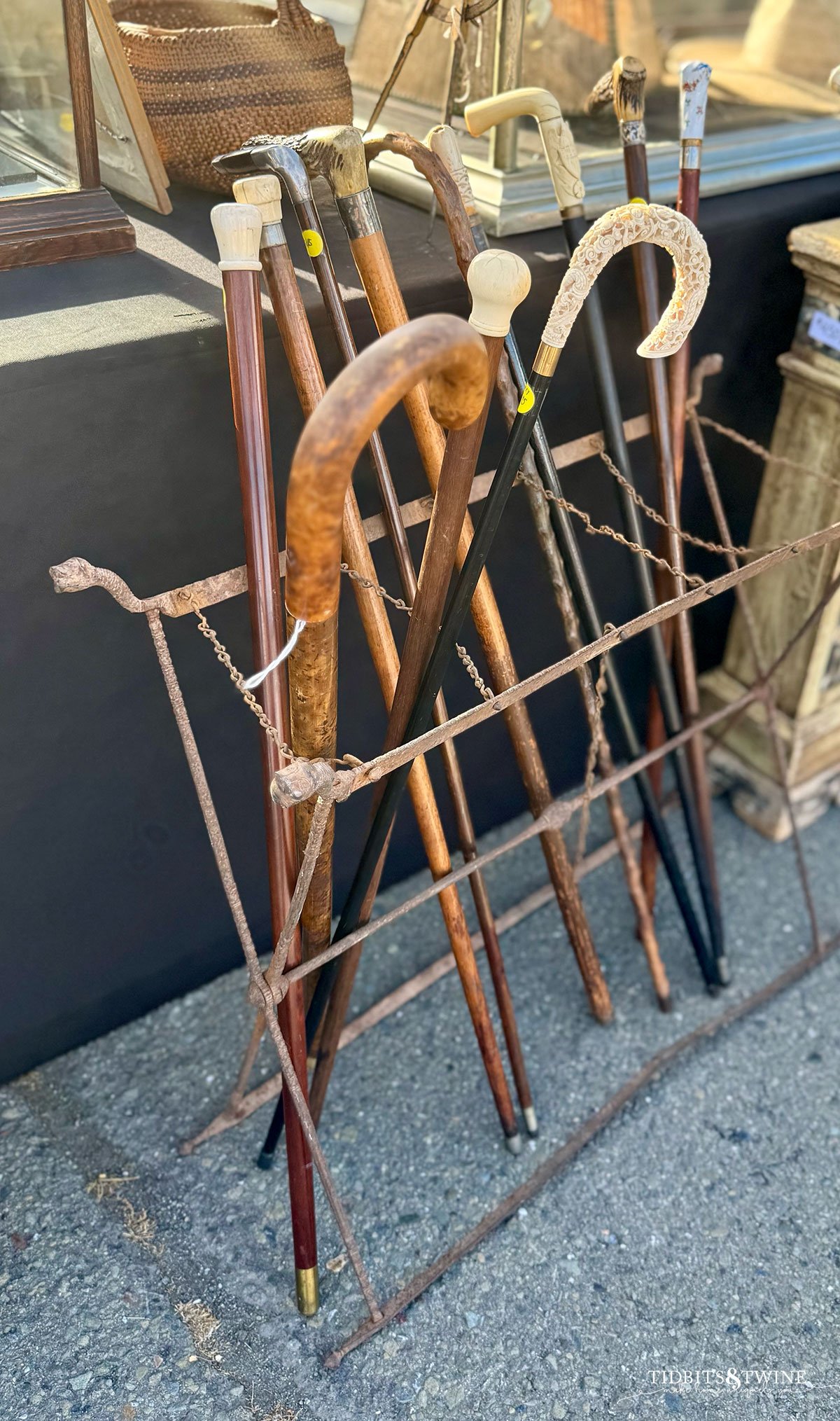 Grouping of antique walking canes with various carved and decorative handles.