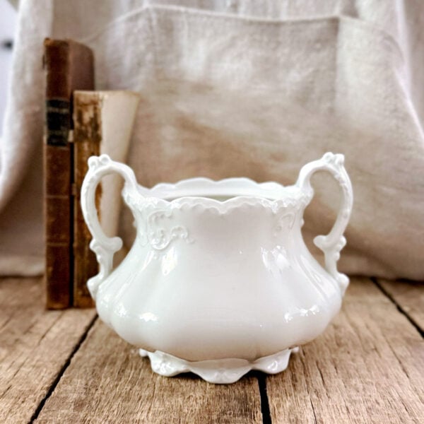 Antique Johnson Bros White Ironstone Sugar Bowl – Double Handle English Ironstone, Crown Mark