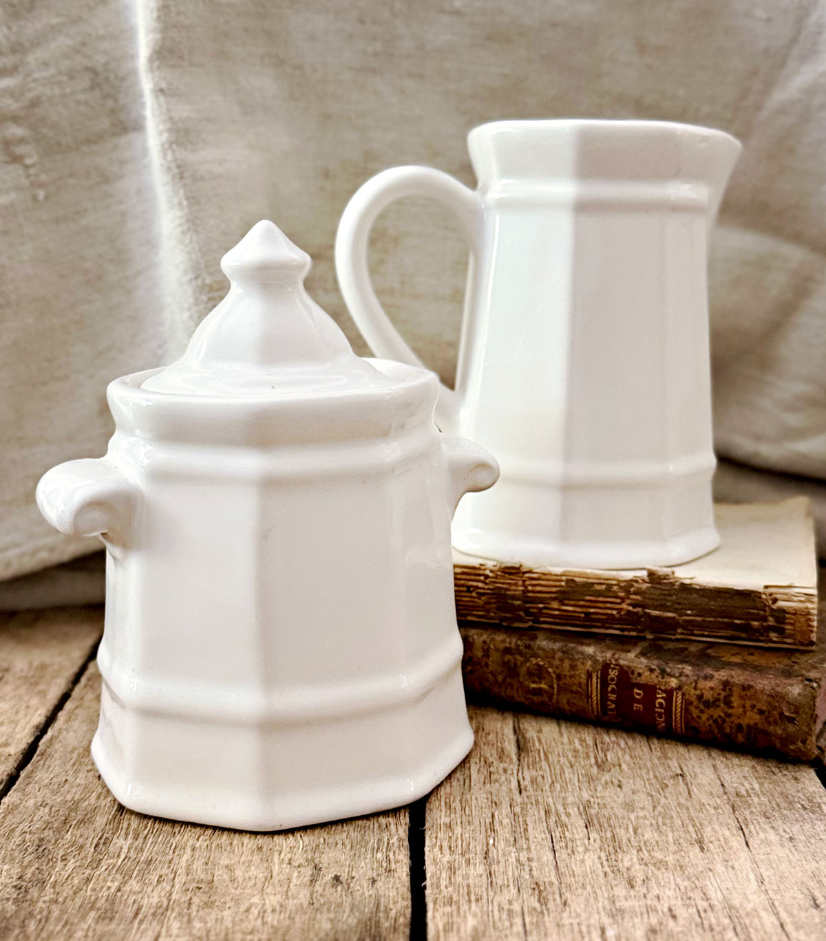 Antique White Ironstone Sugar Jar w/ Lid Matching Creamer