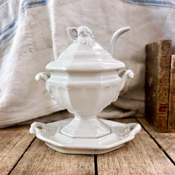 Antique White Ironstone Gravy/Sauce Tureen, 4-Piece Set