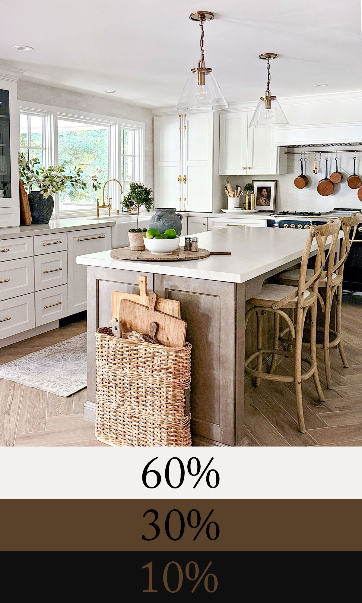 White kitchen with wood floors and island, black stove and accents, styled with 60-30-10 color palette bands.