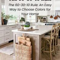 Featured kitchen with white cabinetry, wood island, and cutting boards styled to illustrate the 60-30-10 rule for creating a balanced color palette.