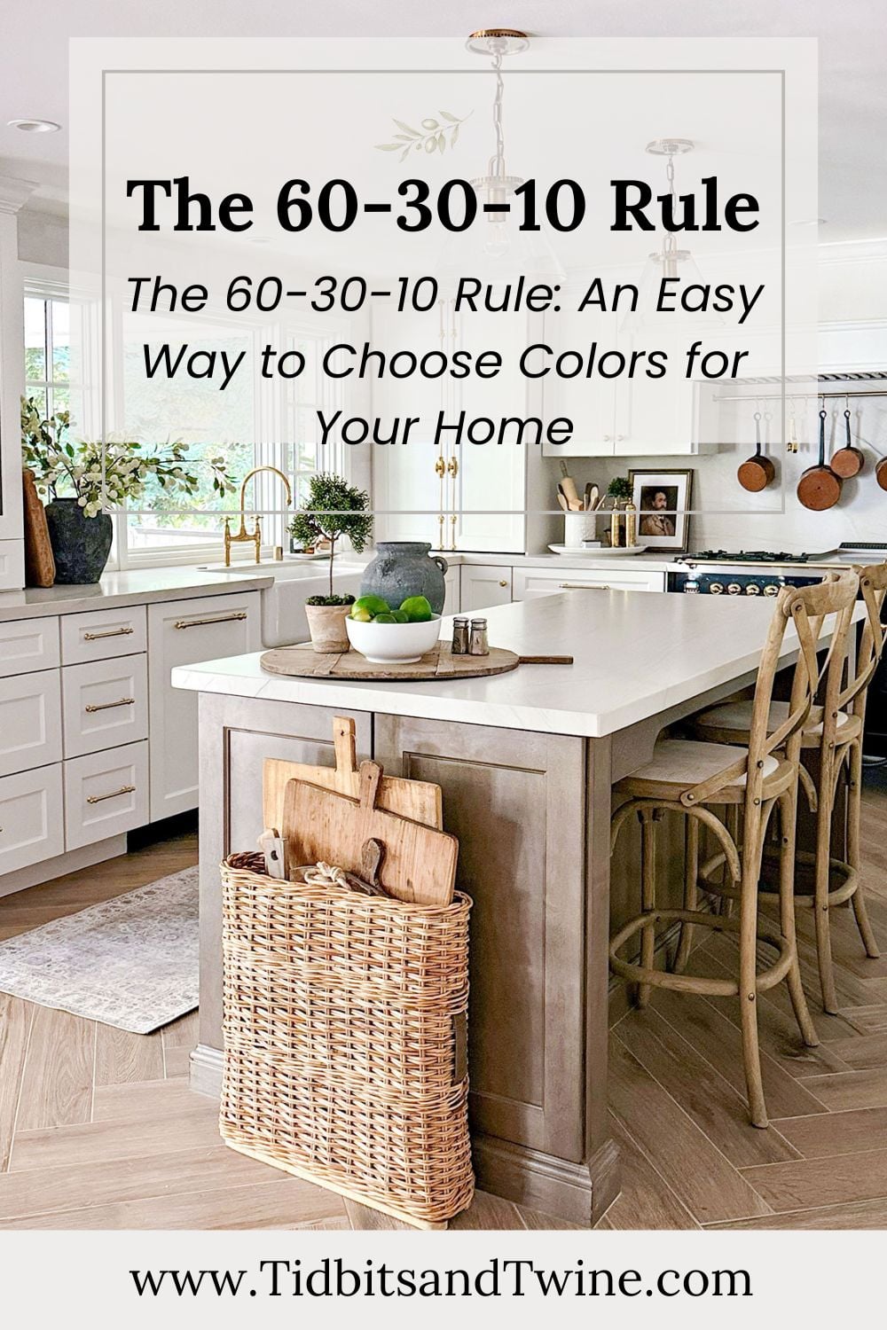 Featured kitchen with white cabinetry, wood island, and cutting boards styled to illustrate the 60-30-10 rule for creating a balanced color palette.