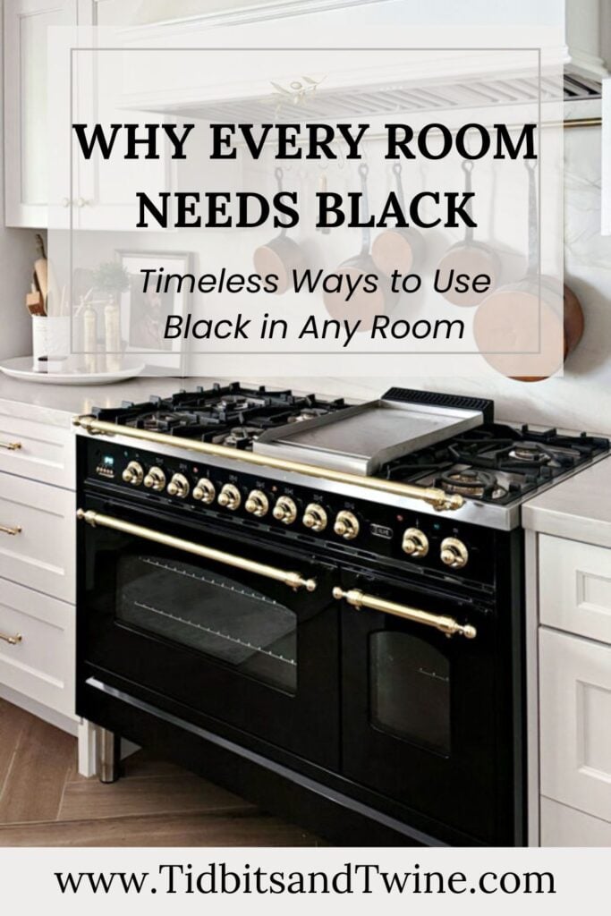 A black ILVE range with brass trim anchors a white kitchen, illustrating timeless ways to use black in decorating any room.