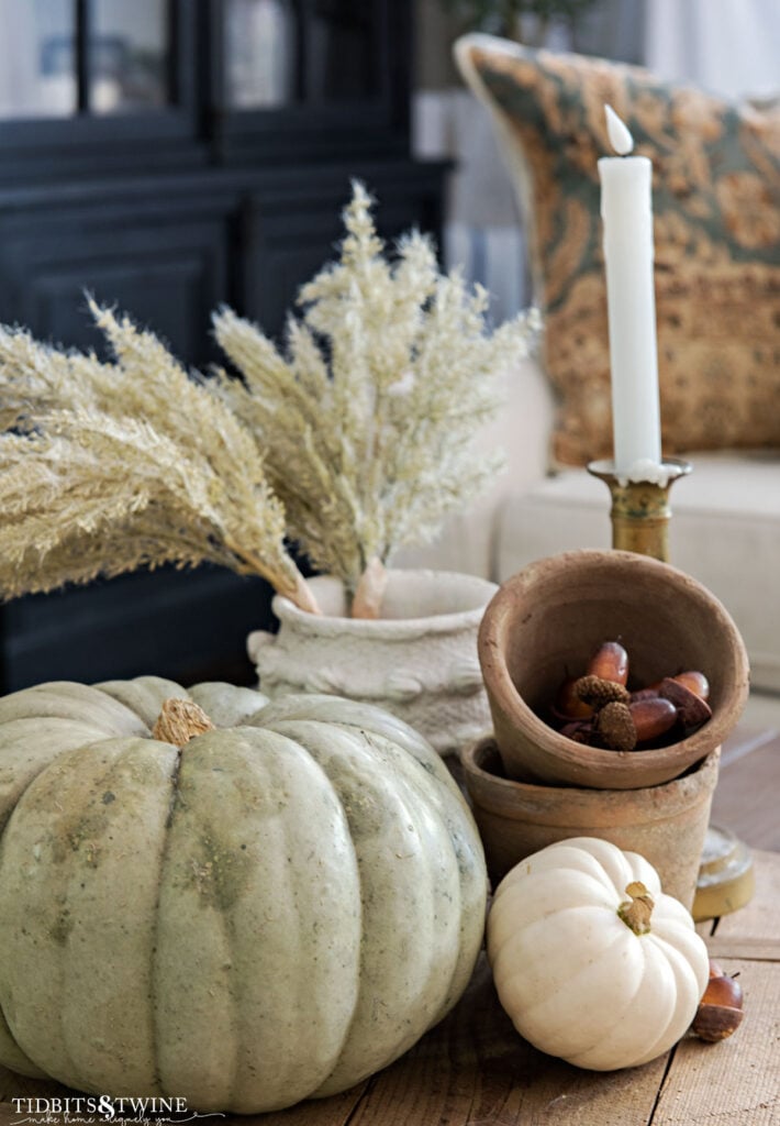 Fall coffee table vignette with five visual groupings—two pumpkins, pampas grass, stacked terra cotta pots, and a brass candlestick—demonstrating the rule of odds interior design