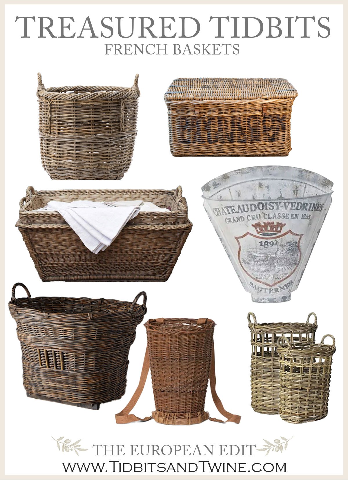 Treasured Tidbits French baskets roundup featuring vintage and reproduction woven baskets for European-inspired décor.