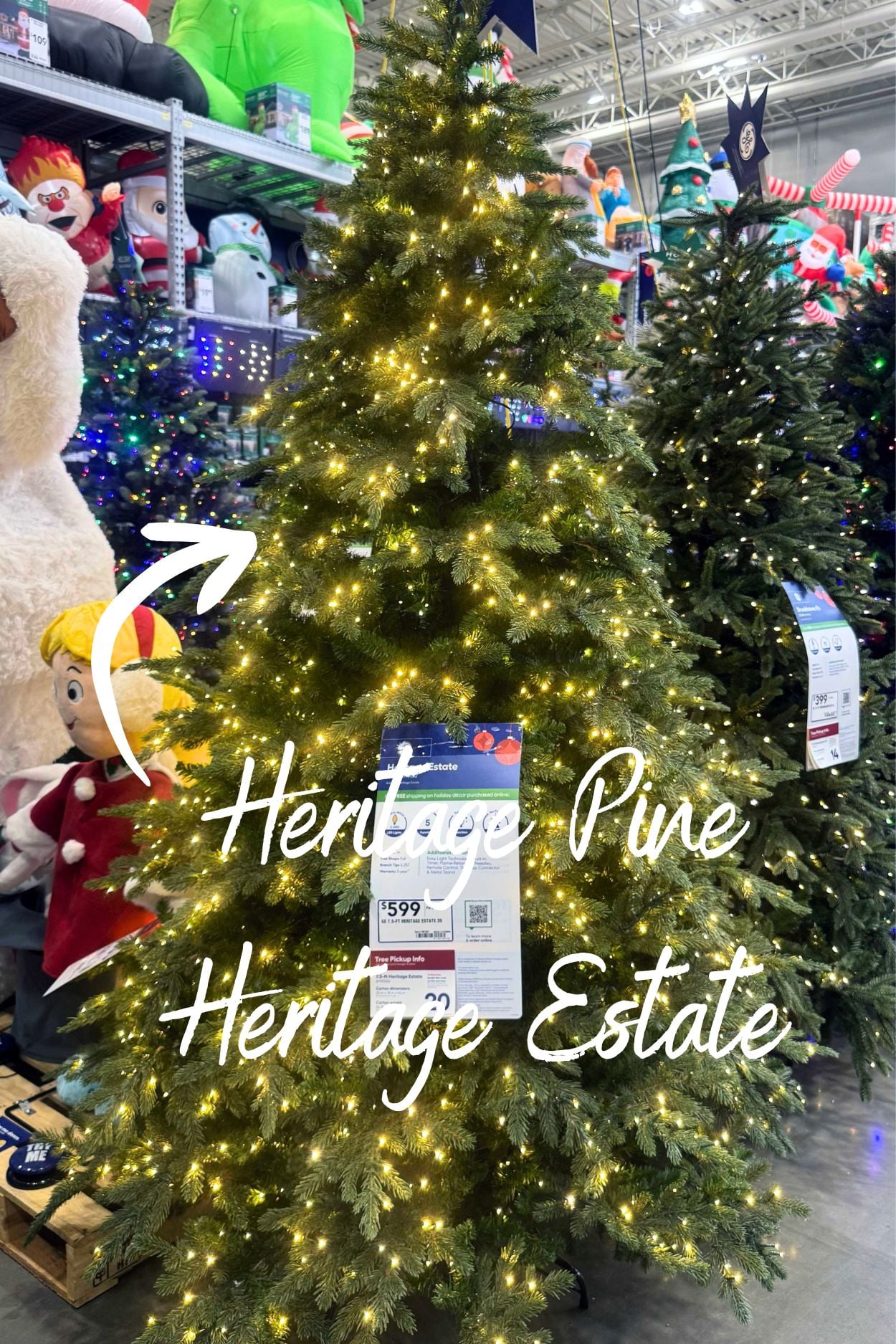 GE Heritage Pine Heritage Estate artificial Christmas tree displayed at Lowe's with warm white lights