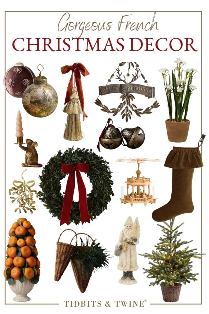 French Christmas decor collage featuring vintage-inspired ornaments, velvet ribbons, antique bells, greenery, wicker accents, and European Christmas decorations.