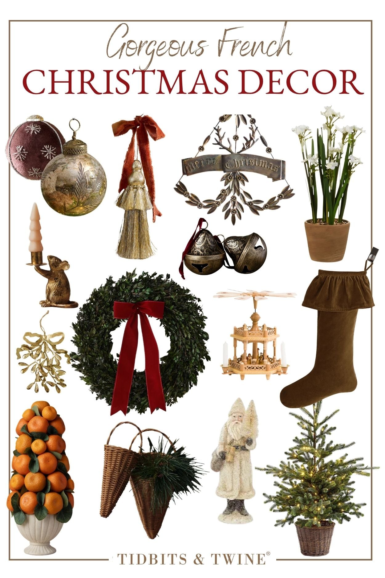 French Christmas decor collage featuring vintage-inspired ornaments, velvet ribbons, antique bells, greenery, wicker accents, and European Christmas decorations.